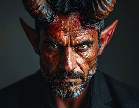 Intense Portrait of a Devilish Man with Horns and Fiery Eyes.