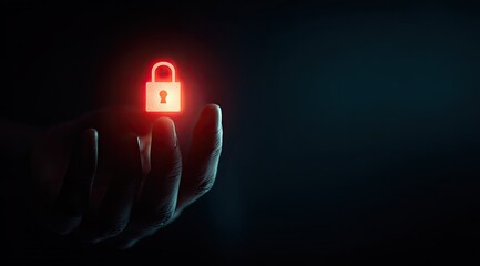 Hand holding a glowing, red, digital padlock icon in darkness