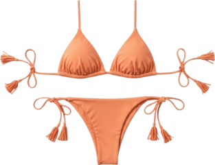 Peach-colored bikini with bows and tassels on white background