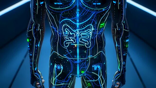 cybernetic torso with glowing circuitry and embedded diagnostic displays, chest and abdomen reveal circuit layouts and sensor arrays, moody blue lighting emphasizes tech anatomy