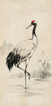 Traditional Chinese Ink Painting of a Red-Crowned Crane Standing in Water