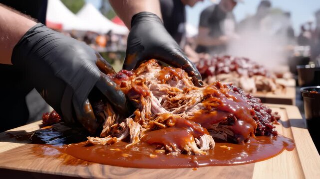 Chef Gloved Hands Pouring Sauce on Pulled Pork at Outdoor Bbq