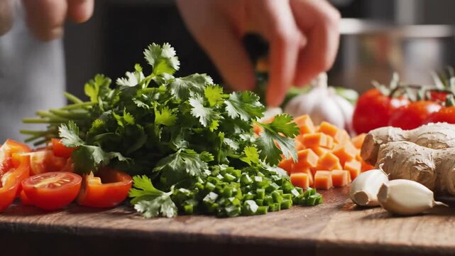 Cutting Red Bell Pepper on Wooden Board for Cooking