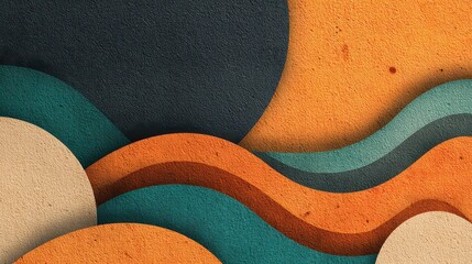 Abstract Wavy Layers of Textured Shapes in Blue Orange and Beige Neutral Palette