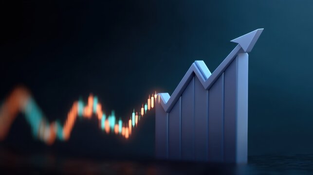 3D abstract representation of a rising graph symbolizing growth, success, and progress against a dark background with a glowing effect - Powered by Adobe