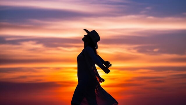 Silhouette of a person dancing at sunset with vibrant orange sky.