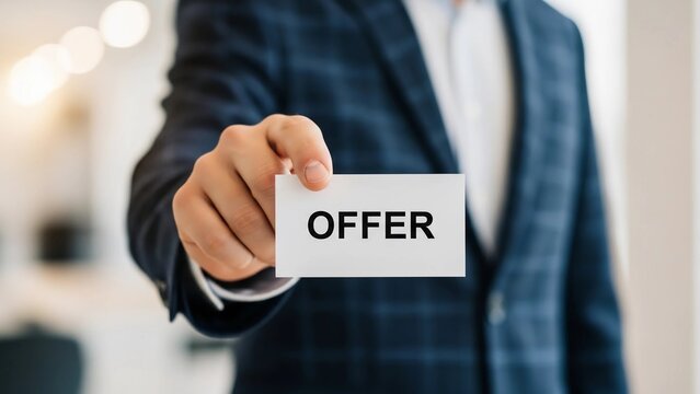 A businessman holding a card with the word offer in a professional setting