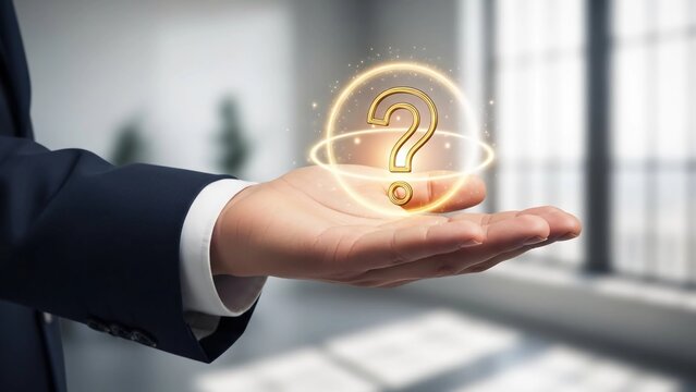 A businessman holding a glowing question mark in his hand