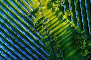 Aerial View Of Blue Solar Panels Farm And Green Field With Trees On A Sunny Day