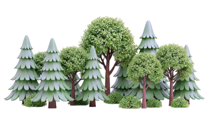 Stylized Green Forest Landscape with Pine and Deciduous Trees