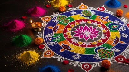 Fototapeta premium A vibrant and colorful rangoli design with powder and candles on a dark background