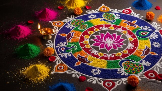 A vibrant and colorful rangoli design with powder and candles on a dark background