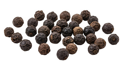 Obraz premium Black peppercorns, isolated on white or transparent background, high resolution, studio lighting, sharp focus, detailed texture, clean cutout, minimal shadow, PNG format