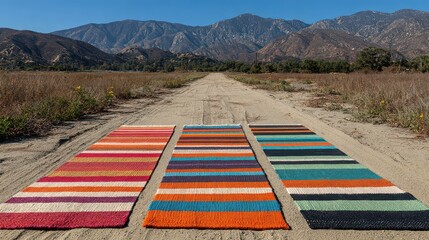 Colorful Striped Rugs Displayed on a Path Amidst a Field with Distant Mountains Under a Clear Sky Sunny Day