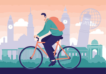 Sustainable urban adventure: man cycling past world monuments