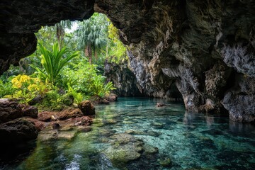 Crystal Clear Water in Grotta della Poesia Italy Sunlight Through Cave Entrance Lush Green Plants Create Serene Scene Dark Stone Walls