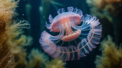 a pink jellyfish swimming in the ocean with seaweed