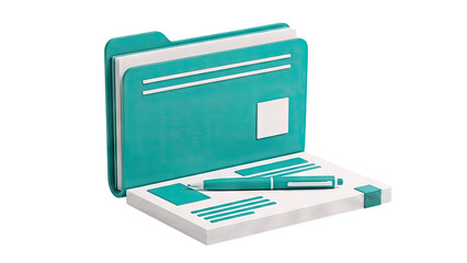 Teal Folder with Documents and Pen