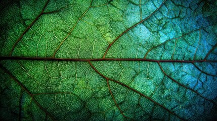 Detailed Green Leaf Texture with Intricate Veins and Dotted Pattern in Macro Shot Illuminated by Soft Natural Light in Dark Background