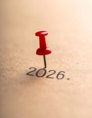 Red Push Pin Marking the Year 2026 on a Calendar.
