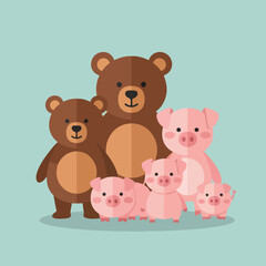 Naklejka premium Brown bear standing with family of piglets on green background