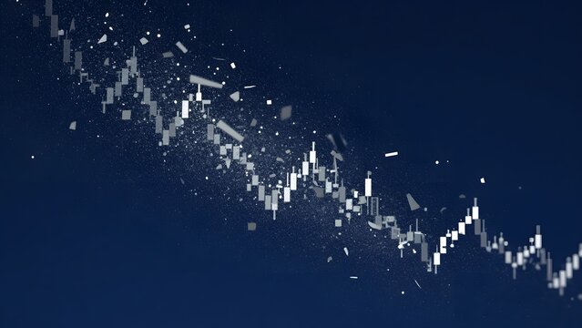 graphique en chandelier japonais argent&eacute; blanc sur fond bleu. Entour&eacute; par une explosion de particules et de matiere. le graphe est en chute libre. 
