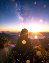 Silhouette of a Woman Contemplating the Sunrise and Milky Way.