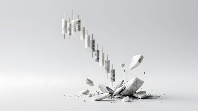 Graphe en marbre d'un chandelier japonais descendant accentu&eacute; par une explosion due &agrave; sa chute. Blanc Isol&eacute; sur fond gris. 