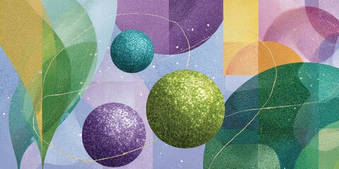 Abstract Glittering Spheres and Shapes on Light Blue Background with Golden Accents and Varied Textures Creating a Festive and Playful Design