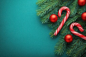 Festive Christmas Arrangement with Green Pine Branches Red Ornaments and Candy Canes on a Sparkling Teal Background