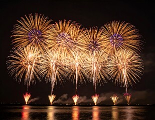 Spectacular Fireworks Display Over Water Reflecting in the Night.