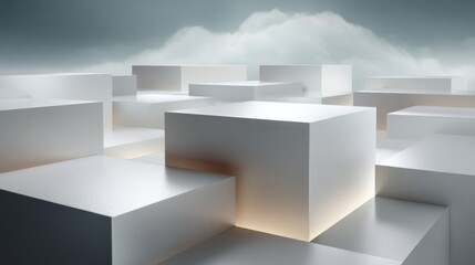 Obraz premium Abstract composition of geometric shapes with smooth surfaces illuminated by soft light and surrounded by ethereal clouds in a serene environment
