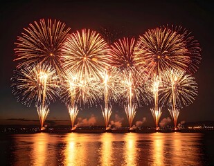 Spectacular Fireworks Display Over Water Reflecting Light.