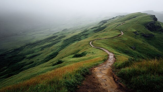 Winding trail atop a misty, green mountain ridge
