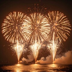 Spectacular golden fireworks display over water on a dark night.