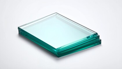 Stack of Clear Glass Sheets on White Background, Minimalist Composition.