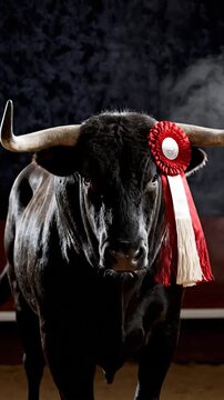 Black bull with horns and red rosette snorting steam in a dark, atmospheric arena
