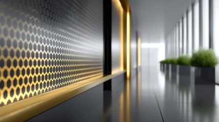 Modern minimalistic corridor design with hexagonal pattern wall and stylish decorative lighting, showcasing elegance and sophistication in contemporary architecture