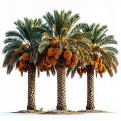 Three Date Palm Trees with Ripe Fruits in Sunlight.