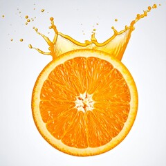 Vibrant Orange Slice with Juice Splash on White Background.