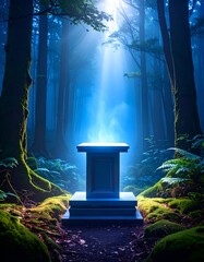 A glowing pedestal in a sunlit forest clearing, serene and mystical