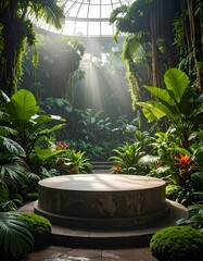 Tropical interior with platform, lush foliage, & sunlight beaming