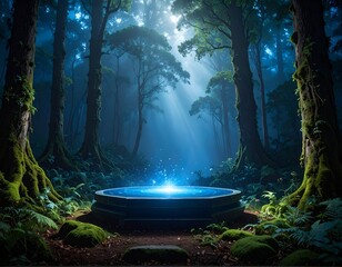 Luminous, mystical pool in a deep, enchanting forest clearing