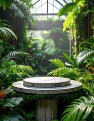 Marble stage amidst lush, vibrant tropical foliage, inviting nature's embrace