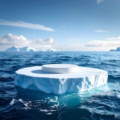 Iceberg stage in ocean with mountains & clear blue sky