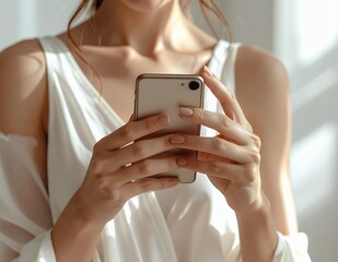 Woman using smartphone in bright, sunlit room, focusing on the screen.
