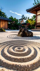 Zen Garden Serenity - Concentric Circles in Sand with Rock Focus.