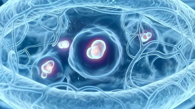 magnified cell nucleus revealing chromatin structures and nucleolus, organelles and cytoskeletal network move around dividing core scientific d visualization for cell biology research