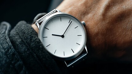 Close-up of a sleek digital watch showing a minimalist watch face on a wrist.