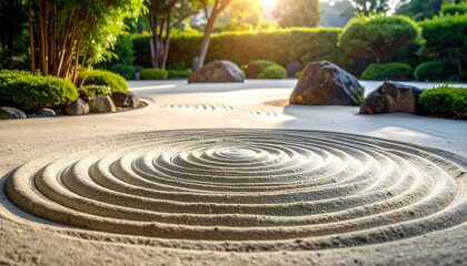 Zen Garden Serenity - Concentric Sand Circles in Tranquil Landscape.